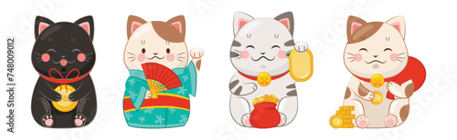 Japanese Lucky Cat with Beckoning Paw Vector Set