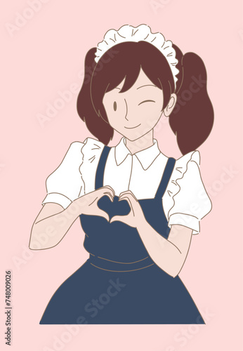 Cute woman wearing maid costume for cosplay event, working at maid cafe, making heart shape with hands. Hand drawn flat cartoon character vector illustration.