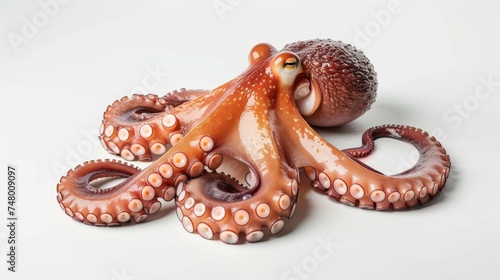 Fresh Whole Raw Octopus Isolated on White, A whole, raw octopus with tentacles extended, showcasing its suction cups in high detail, isolated on a white background.