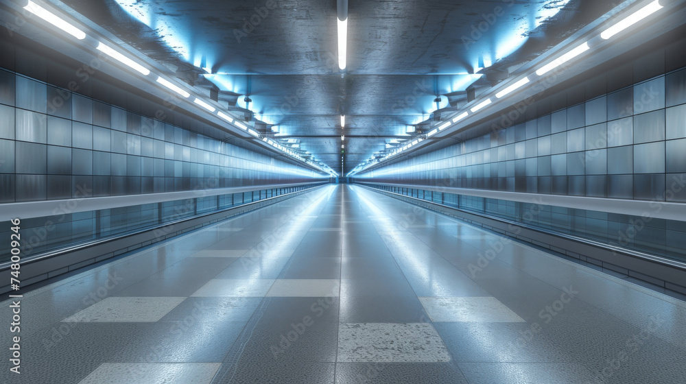 Futuristic Subway Station Corridor with LED Lights, A modern and sleek subway station corridor illuminated by LED lights, creating a clean and futuristic atmosphere.