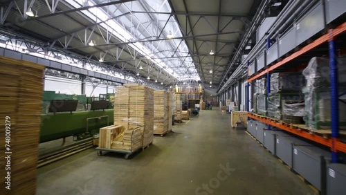 Packed production, machines in workshop in big factory photo