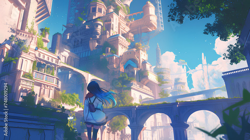 Adventure anime characters in a fantasy city
