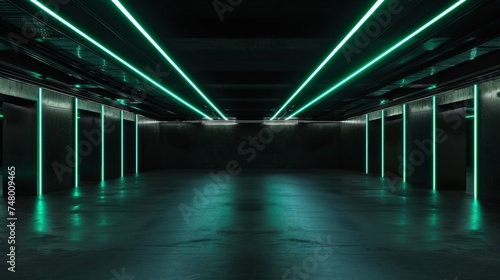 Futuristic Corridor with green Neon Lighting, A futuristic industrial corridor illuminated by striking blue neon lights, creating a sci-fi movie set atmosphere.