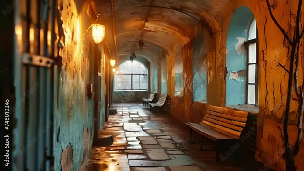 An old long corridor with worn walls and floors, illuminated by warm light. Concept: Historical buildings, architectural heritage, cinematic atmosphere. An old long corridor with worn walls and floors, illuminated by warm light. Concept: Historical buildings, architectural heritage, cinematic atmosphere.