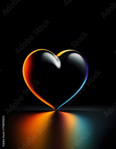 A heart with a sleek noir appeal reflects on the surface  highlighted by a subtle color gradient at the edges. The minimalistic approach conveys a modern interpretation of romance.