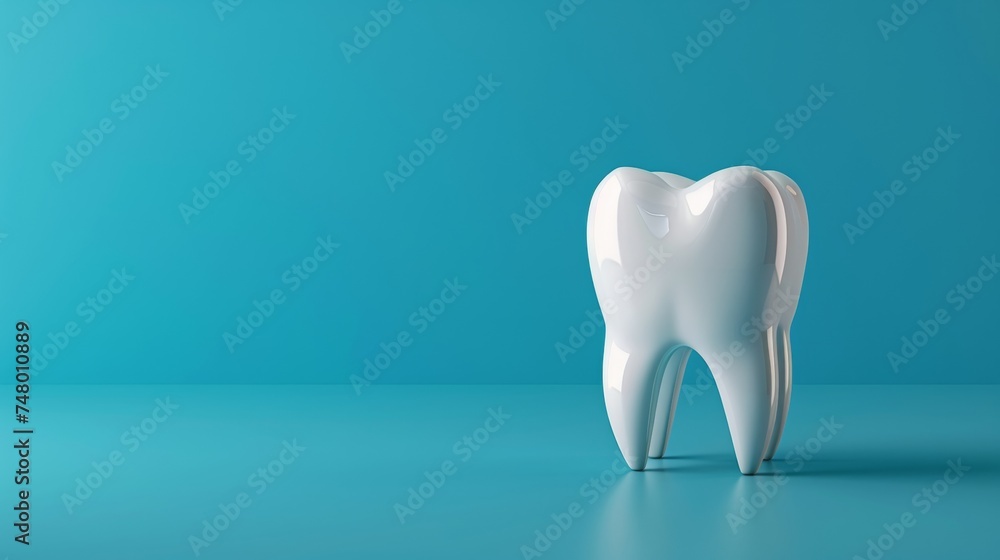 A tooth with eyes and a smile on a blue background with a place for text A tooth with eyes and a smile on a blue background with a place for text