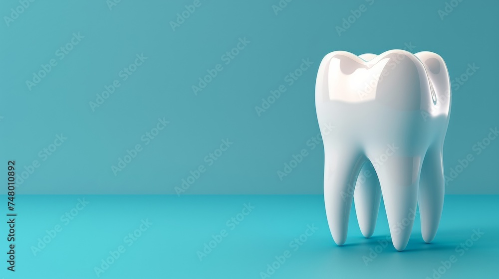 A tooth with eyes and a smile on a blue background with a place for text A tooth with eyes and a smile on a blue background with a place for text