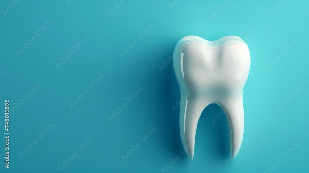 A tooth with eyes and a smile on a blue background with a place for text A tooth with eyes and a smile on a blue background with a place for text