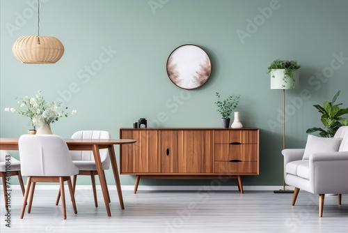 Mint chairs at wooden dining table in scandinavian living room with sofa and cabinet near green wall
