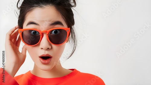 close up portrait of asian woman looking surprised wow face takes off sunglasses and staring impressed camera standing isolated on white background advertisement, copy space. banner