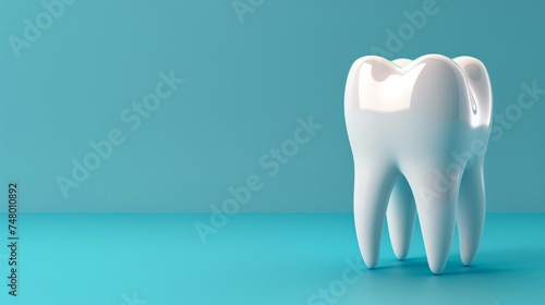 A tooth with eyes and a smile on a blue background with a place for text