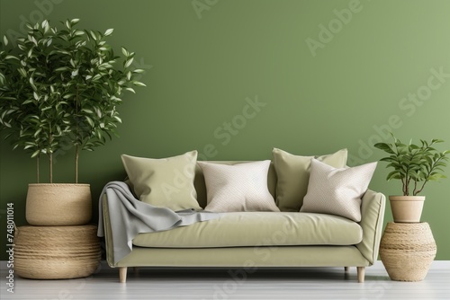 Cozy scandinavian living room with white sofa, plaid, cushions, and houseplants on knitted rug