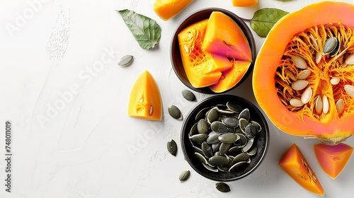 Top view of a bowl of pumpkin seed decorated with pumpkin in a white backdrop with a big space for text or product, Generative AI. photo