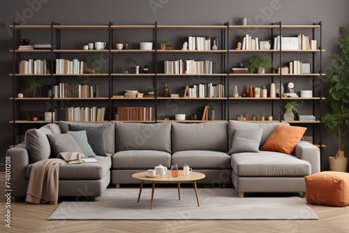 Contemporary living room interior with elegant gray sofa and chic decor elements © Daria