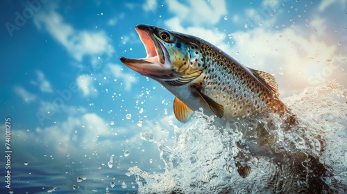 Leaping Trout at Sunrise Over Water, A trout mid-leap, glistening with water droplets against a sunrise sky, captures the essence of freshwater fishing.