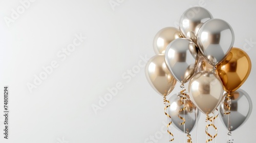 Silver and Golden balloons with ribbons on white background. 