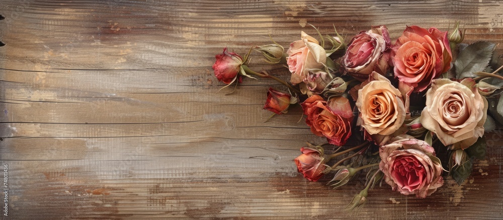 A collection of beautiful faded roses arranged on a rustic brown wood background, creating a simple and elegant display. A collection of beautiful faded roses arranged on a rustic brown wood background, creating a simple and elegant display.