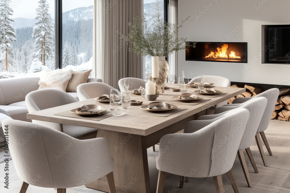 Elegant dining table with fireplace, large windows and inviting decor in a bright dining room Elegant dining table with fireplace, large windows and inviting decor in a bright dining room