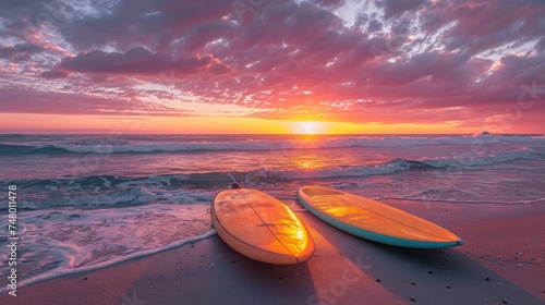 Surfboards on the beach at sunset.   © Ilya