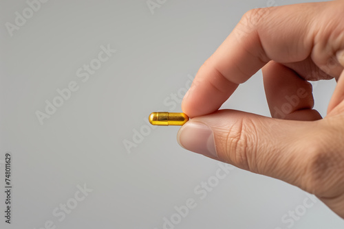Human Hand Holding a Golden Fish Oil Capsule Against a grey Background