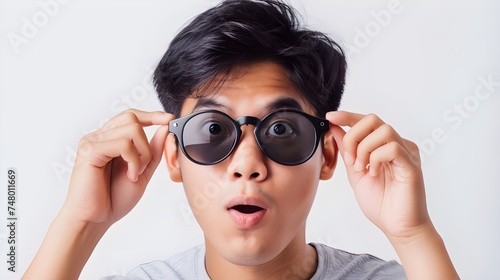 portrait of asian man looking surprised wow face takes off sunglasses and staring impressed camera standing white background