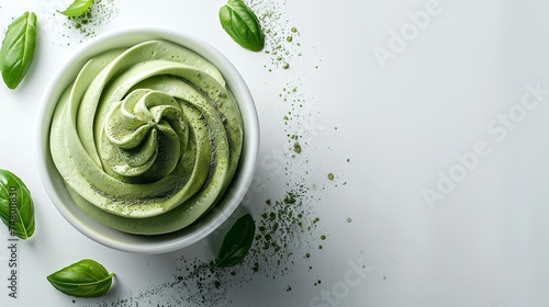 Top view of dalgona Matcha Latte a creamy whipped matcha decorated with leaves in a clean green backdrop and a space for text or product, Generative AI. photo