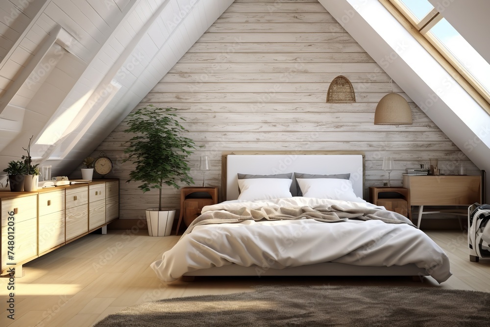 Cozy attic bedroom with a bed, dresser, and window, featuring sloped ceilings and exposed beams. The warm wooden walls and floors create a rustic and inviting atmosphere