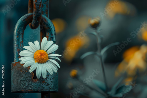 A daisy is hanging from a rusty padlock