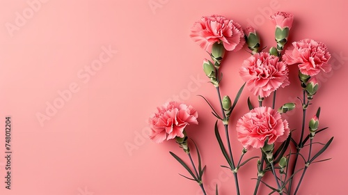 Top view of fresh spring carnation flower bouquet on a pink surface with a big space for text or product backdrop, Generative AI. photo