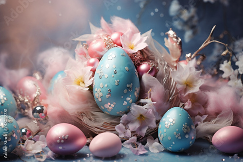 Decorative easter eggs with flowers as a holiday concept background. photo