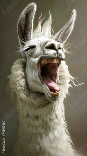 Laughing white llama portrait with closed eyes - A delightful and humorous close-up of a white llama seemingly laughing with joy, capturing the playful spirit of these charming animals