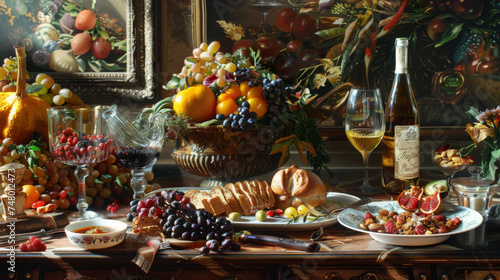 Lavish classic still life with fruits and wine - An opulent table set with a cornucopia of fruits, wine, mirror reflecting the abundance symbolizing wealth and prosperity
