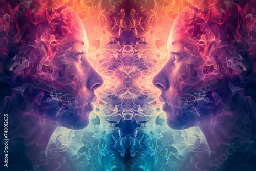 Mirrored faces with a fractal overlay effect - A vibrant concept art piece with mirrored faces and colorful fractal patterns, depicting human consciousness and thoughts photo