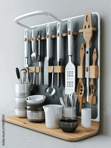 Modern kitchen tools on storage wall - An organized kitchen setup with modern tools and utensils displayed on a wall storage system, showing clean design