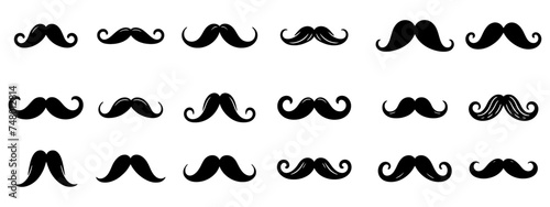 Set of hand drawn old fashion mustaches. Black contour artistic drawing. Actual hipster vector. Male barber shop illustration