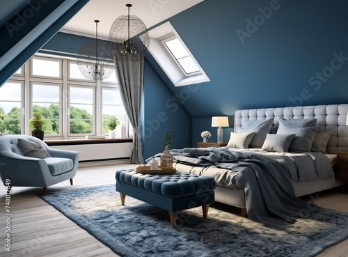attic bedroom with white bed, wooden furniture, rug, and skylights. The bright white walls and light wood furniture create a bright and airy atmosphere
