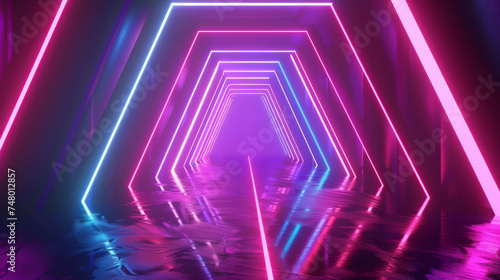 Neon tunnel with geometric shapes and reflections - This image captures a futuristic neon-lit tunnel with a reflection on the water surface, resembling an infinity illusion