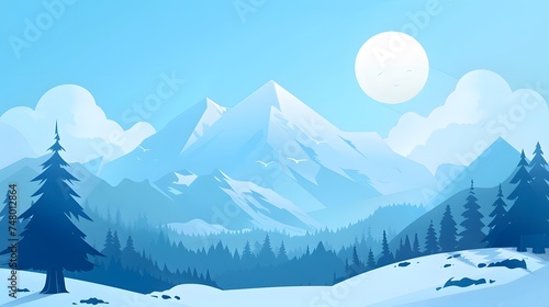 Majestic Winter Landscape: Snow-Covered Mountains, Pine Trees, and Full Moon