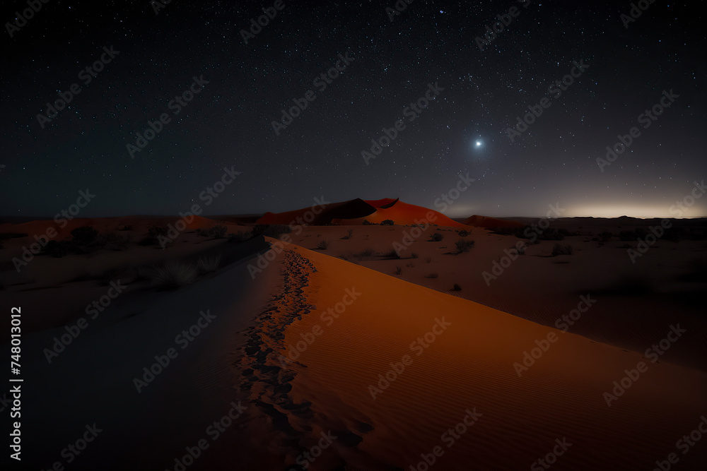A serene night desert landscape, starry sky illuminating sand dunes, distant mountains, and a path marked by footprints, ai generative - obrazy, fototapety, plakaty 