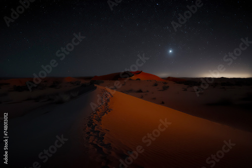 A serene night desert landscape, starry sky illuminating sand dunes, distant mountains, and a path marked by footprints, ai generative