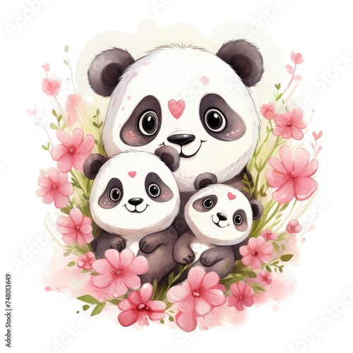 Illustration of a family of cute pandas on a white background