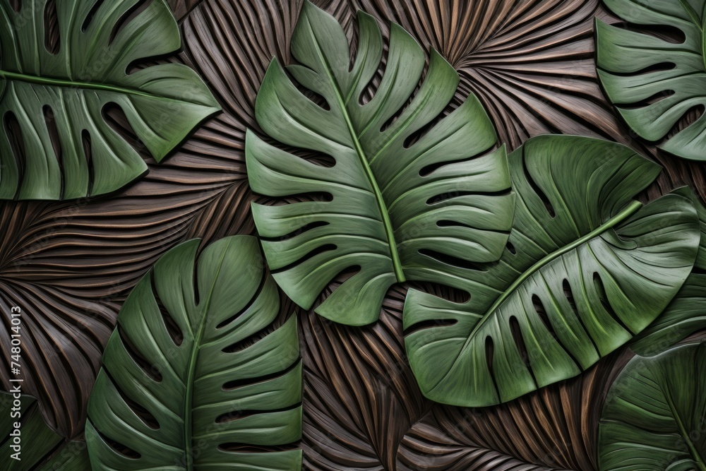 custom made wallpaper toronto digitalNatural and lively display with vibrant Monstera leaves on a textured wooden panel
