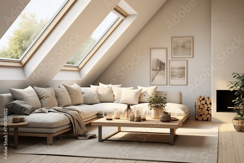 coastal living room with a white couch  wooden coffee table  rug  shells  and driftwood. Decorated in a neutral color palette with white walls