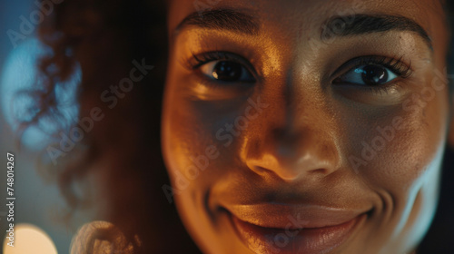 A closeup of a participants face showing a smile and a sense of relief as they share their feelings in a virtual support group discussion moderated by AI.