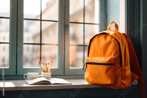 a backpack and a book on a window sill