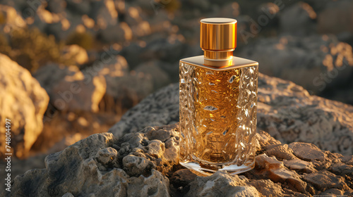 Generic luxury gold perfume mockup glass bottle.