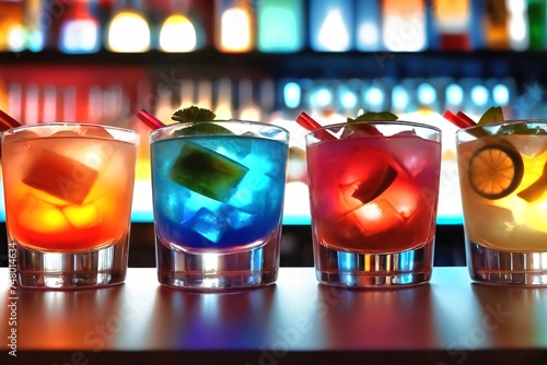 multi-colored cocktails on the bar counter.  blurred background.  bar.