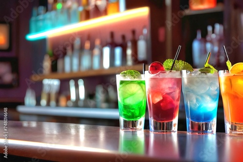 multi-colored cocktails on the bar counter.  blurred background.  bar.