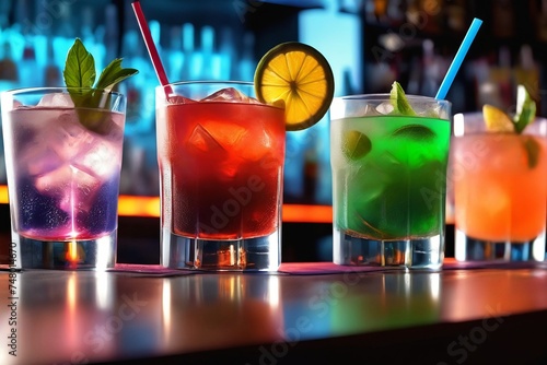 multi-colored cocktails on the bar counter.  blurred background.  bar.