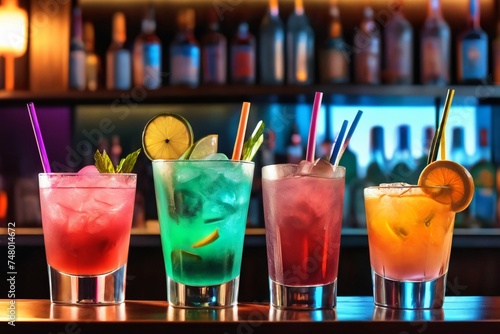 multi-colored cocktails on the bar counter.  blurred background.  bar.